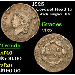 1825 Coronet Head Large Cent 1c Grades vf+