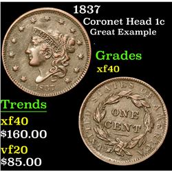 1837 Coronet Head Large Cent 1c Grades xf