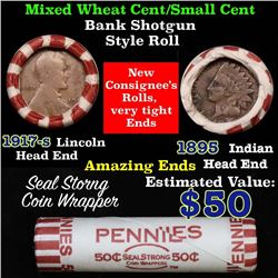 Mixed small cents 1c orig shotgun roll, 1895 Indian Cent, 1917-s Wheat Cent other end