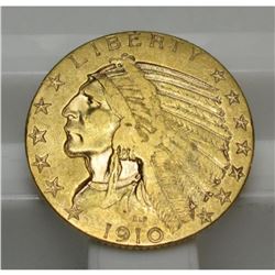 1910 $5 Gold Indian Half Eagle XF AU