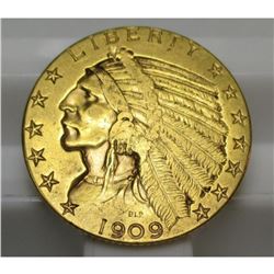 1909 $5 Gold Indian Half Eagle XF AU