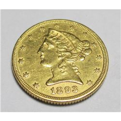 1893 $5 Gold Liberty XF AU Grade
