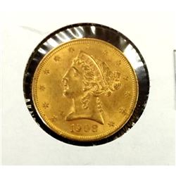 1908 P $5 Gold Liberty XF AU Grade