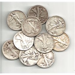 10 pcs. Walking Liberty Half Dollars -90% Silver