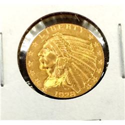 1928 $2.5 Gold Indian Coin AU in 2x2