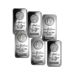 Lot of 6 - 5 oz. Silver Bars - 3 WL - 3 Morgan