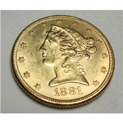 1881 $5 Gold Liberty Half Eagle