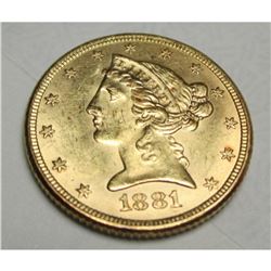 1881 P $5 FIVE Gold Liberty Half Eagle