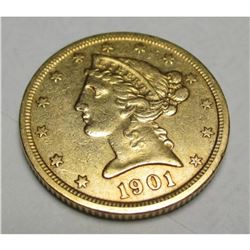 1901 S $5 FIVE Gold Liberty Half Eagle