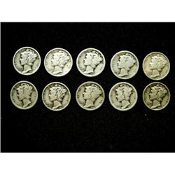 Lot of 10 Mercury Dimes- g-xf