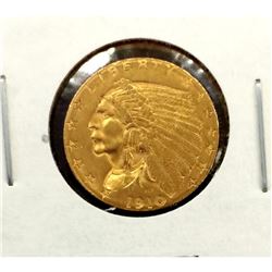 1910 $2.5 Gold Indian in White 2x2 XF AU