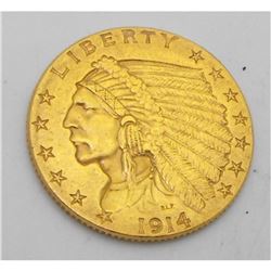 1914 $2.5 Gold Indian Quarter Eagle XF AU