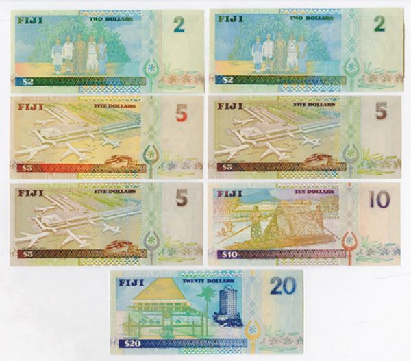 Reserve Bank of Fiji. 1992-1995. Group of 7 Issued Banknotes.