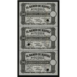 Banco Di Napoli, 1867-70 Fedi Di Credito - Regular Cash Receipts Issue Sheet of 3 Unmarked Specimens