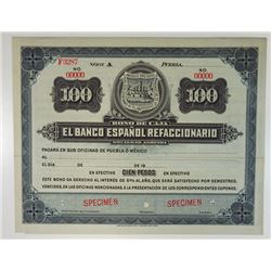 Banco Espanol Refaccionario, Bono De Caja ca.1900-1910 Specimen Circulating Bond/Banknote.