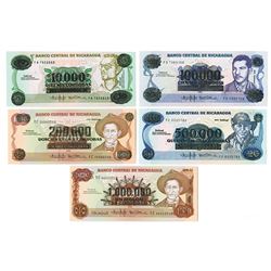 Banco Central de Nicaragua. 1989-1990. Issued Emergency Banknote Quintet.