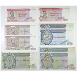 Banque du Zaire. 1976-1980. Group of 9 Issued Banknotes.