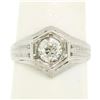 Art Deco Etched 18k White Gold .85 ctw European Cut Diamond Solitaire Ring