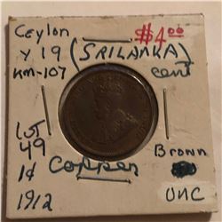 1912 Ceylon Srilanka Cent in UNC Grade Nice