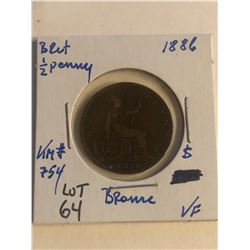 Early 1886 Great Britain 1/2 Penny Very Fine Grade