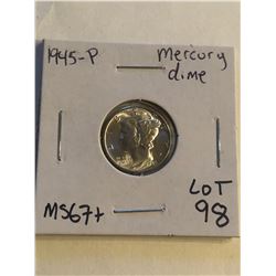 Rare 1945 P Silver Mercury Dime in MS67+ High Grade