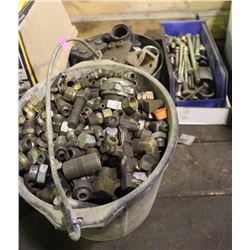 BUCKET & 2 BOXES OF ASSORTED BOLTS, CONNECTORS &