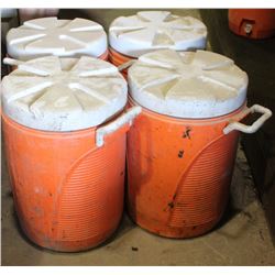 LOT OF 4 MEDIUM SIZE RUBBERMAID DRINK COOLERS