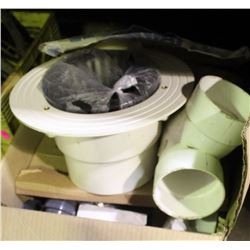 BOX OF VARIOUS DRAIN COVERS, FITTINGS  AND MORE