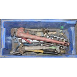 TOOL BIN WITH VARIOUS TOOLS, INCLUDES PIPE WRENCH