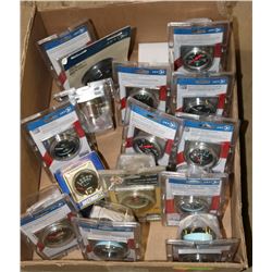 BOX OF VARIOUS NEW PRESSURE & VACUUM GAUGES AND MORE