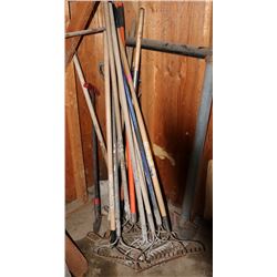 LOT OF SMALL SQUARE SHOVELS & RAKES