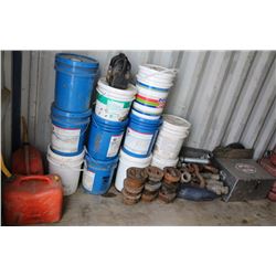 LOT OF ASSORTED FITTINGS, SHACKLES, BUCKETS, GAS