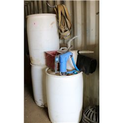 LOT OF PLASTIC BARRELS, FILL-RITE PUMP, MISC