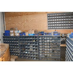 3 PARTS BINS W/CONTENTS & WALL BIN OF BOLTS,