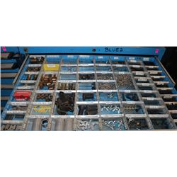 DRAWER OF VARIOUS NUTS, BOLTS, HITCH PINS, & MORE