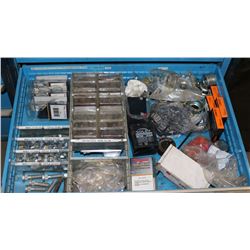 DRAWER WITH BATTERIES, PARTS, TRAILER BRAKE PARTS