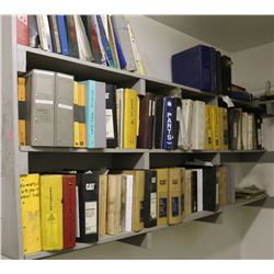 2 SHELVES OF PARTS MANUALS, INCLUDES CAT, KAMATSU