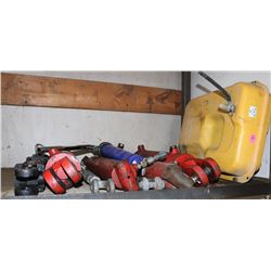 SHELF CONTENTS W/ GREASE GUN, GAS TANK, & MORE