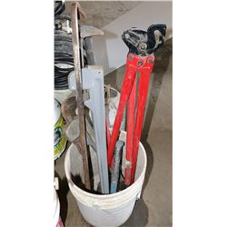 BUCKET OF VARIOUS TOOLS: INCLUDES CUTTERS,