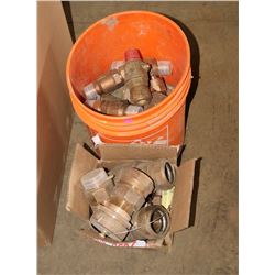 BUCKET & BOX OF BRASS CAMBRIGE FITTINGS