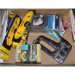 LOT OF HAND TOOLS, NEW LEVELS, STAPLERS & MORE