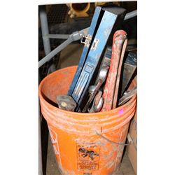 BUCKET OF VARIOUS TOOLS: INCLUDES PIPE WRENCHES,