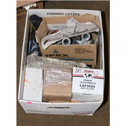 BOX OF NEW ROLLS OF PIPE THREAD TAPE, DUCT TAPE,