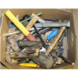 BOX OF HAMMERS AND VARIOUS TOOLS