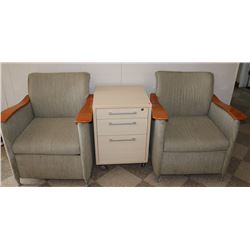 PAIR OF CLUB CHAIRS AND ROLLING 3 DRAWER CABINET