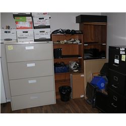 OFFICE #1: 3 SHELVES, 2 FILE CABINETS, MONITORS