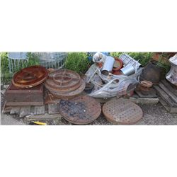 LOT OF METAL DRAINAGE FORMS , MANHOLE COVERS, &