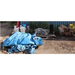 4 PALLETS OF MISC: METAL, TARPS, WOOD & MORE