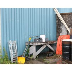 MISC LOT: INCLUDES METAL RAMP, SHOVELS, SLEDS,