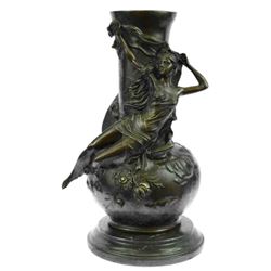 Semi Nude Beauty Art Noveau Bronze Vase on Marble Base 12.5" x 8
